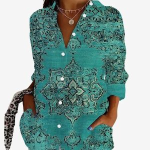 Women's Long Sleeve Shirt Spring/Fall Ethnic Shirt Collar Vacation Going Out Casual Top, JustFashionNow Shirts, color:Green|size:XXL,