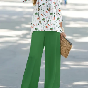 Women's Floral Printing Two-Piece Set Daily Long Sleeve Casual Spring/Fall Top With Pants Matching Set, JustFashionNow Suit Set, color:Green|size:XXL,