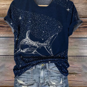 Women's Shark Starry Sky Art Print Short Sleeve T-Shirt, T-shirts, Lilicloth.com