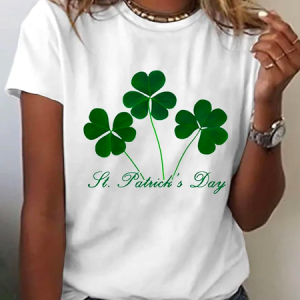 Women's Shamrock Short Sleeve Tee T-shirt Crew Neck Casual Summer Top, JustFashionNow T-Shirts, color:White|size:5XL,