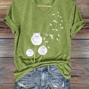 Cat Dandelion Flower Cotton-Blend Casual V Neck T-Shirt, T-shirts, Lilicloth.com