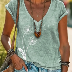 Women Floral Short Sleeve Tee T-shirt V Neck Printing Casual Summer Graphic Tee Top, JustFashionNow T-Shirts, color:Green|size:XXL,