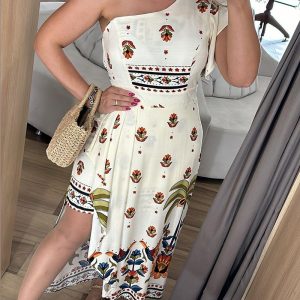 Tribal Print One Shoulder Flutter Sleeve Midi Dress Casual Slim Fit Slit Asymmetrical Hem Vacation Dress, women Print Dresses, ChicMe catalog