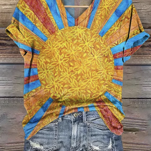 Colorful Sun Collage Art Print V Neck Short Sleeve T-shirt, T-shirts, color:Orange|size:4XL, catalog Noracora shop