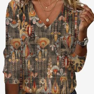Women's Long Sleeve Tee T-shirt Spring/Fall Ethnic Jersey V Neck Daily Going Out Casual Top, JustFashionNow T-Shirts, color:Brown|size:XXL,