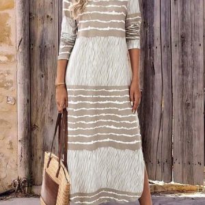 Women Striped Spring/Fall Dress Crew Neck Long Sleeve T-Shirt Dress H-Line Dress, Dresses, color:Apricot|size:XXL, catalog Noracora shop