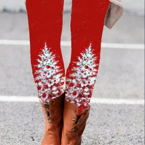 Women's Casual Christmas Tree Jersey All Season Long Leggings, JustFashionNow Leggings, color:Red|size:XXL,