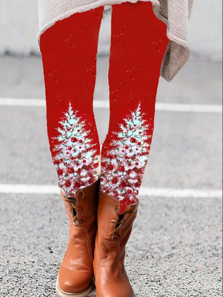 Women's Casual Christmas Tree Jersey All Season Long Leggings, JustFashionNow Leggings, color:Red|size:XXL,