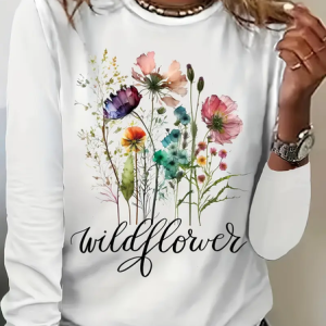 Women's Floral Long Sleeve Tee T-shirt Crew Neck Printing Casual Spring/Fall Graphic Tee Top, JustFashionNow T-Shirts, color:White|size:XXL
