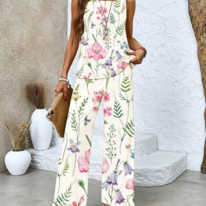 Women's Floral Spring Print Casual Tank Top Pants Two Piece Suit, Two-pieces, Lilicloth.com