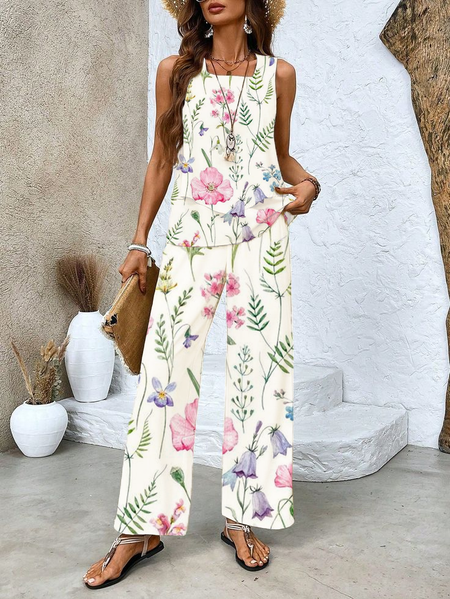 Women's Floral Spring Print Casual Tank Top Pants Two Piece Suit, Two-pieces, Lilicloth.com