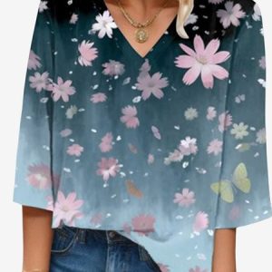 Women's Three Quarter Sleeve Blouse Spring/Fall Floral V Neck Daily Going Out Casual Top, JustFashionNow Blouses, color:Gray|size:XXL,