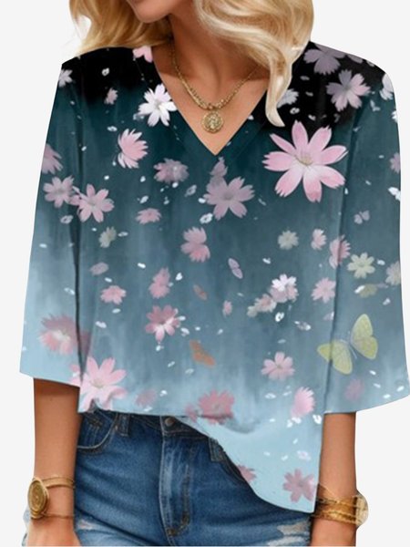 Women's Three Quarter Sleeve Blouse Spring/Fall Floral V Neck Daily Going Out Casual Top, JustFashionNow Blouses, color:Gray|size:XXL,