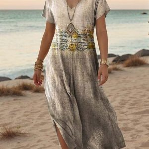 Women's Retro Art Print Hem Side Slit V Neck Maxi Dress, Dresses, Lilicloth.com