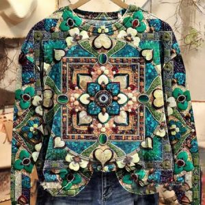 Women's Crew Neck Ethnic Casual Spring/Fall Long Sleeve Sweatshirt, JustFashionNow Sweatshirts & Hoodies, color:Green|size:XXL,
