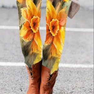 Women's Casual Floral Jersey All Season Long Leggings, JustFashionNow Leggings, color:Yellow|size:XXL,