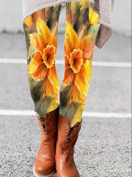 Women's Casual Floral Jersey All Season Long Leggings, JustFashionNow Leggings, color:Yellow|size:XXL,