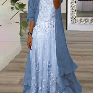 Women's Floral Printing Two-Piece Set Daily Three Quarter Sleeve Casual Spring/Fall Coat With Skirt Matching Set, JustFashionNow Suit Set, color:Blue|size:XXL,