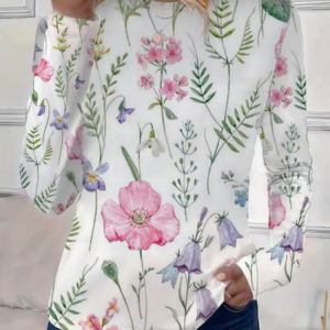 Women's Long Sleeve Tee T-shirt Spring/Fall Floral Printing Crew Neck Casual Graphic Tee Top, JustFashionNow T-Shirts, color:White|size:XXL