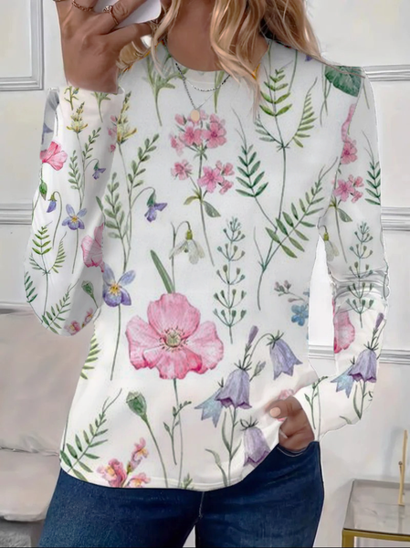Women's Long Sleeve Tee T-shirt Spring/Fall Floral Printing Crew Neck Casual Graphic Tee Top, JustFashionNow T-Shirts, color:White|size:XXL