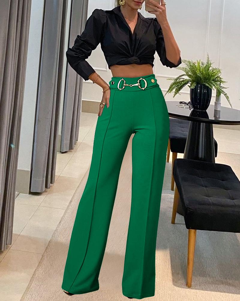 Metal Button Decor High Waist Casual Straight Leg Work Pants, women Pants, ChicMe catalog - Image 2