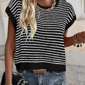 Striped Print Round Neck Cap Sleeve Knit Top Casual Contrast Binding Pullover Sweater Tank, women Sweaters & Cardigans, ChicMe catalog