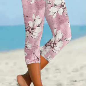 Women's Floral Capris Elastic Waist Pant Casual Summer Trousers, JustFashionNow Leggings, color:Pink|size:XXL