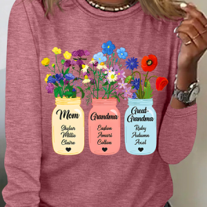 Personalized Grandma Flower Jar Casual Long Sleeve Shirt, Long sleeves, Lilicloth.com