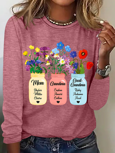 Personalized Grandma Flower Jar Casual Long Sleeve Shirt, Long sleeves, Lilicloth.com