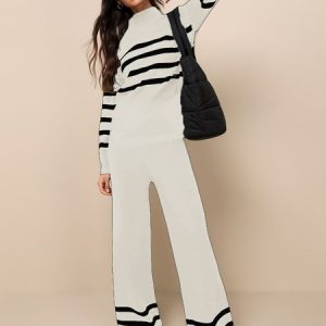 Women's Striped Daily Going Out Two Piece Set Long Sleeve Casual Spring/Fall Top With Pants Matching Set, JustFashionNow Suit Set, color:Off White|size:XS,
