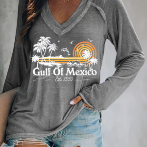 Women's Gulf Of Mexico Print V Neck T-Shirt, Long sleeves, Lilicloth.com