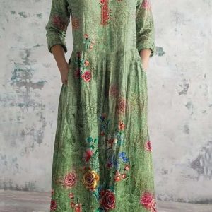 Women's Long Sleeve Spring/Fall 3D Printing Dress V Neck Holiday Going Out Vintage Maxi T-Shirt Dress A-Line Dress, JustFashionNow Dresses, color:As Picture|size:XXL,