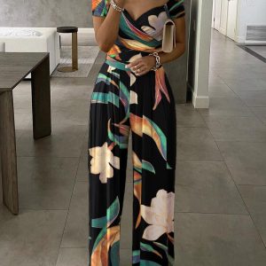 Women's Tropical Print Off the Shoulder Overalls Jumpsuits Wide Leg Long Pants, women Jumpsuits, ChicMe catalog