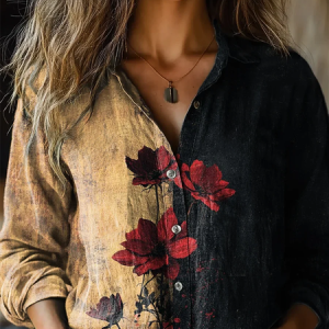 Women's Retro Rose Flower Art Print Casual Short Sleeve Comfortable Shirt, Blouses, Lilicloth.com