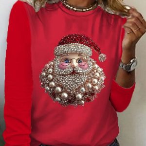 Women's Long Sleeve Tee T-shirt Spring/Fall Santa Claus Jersey Crew Neck Daily Going Out Casual Top, JustFashionNow T-Shirts, color:Red|size:XXL,