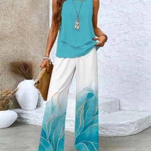Women Abstract Printing Two-Piece Set Daily Sleeveless Casual Summer Top With Pants Matching Set, Sets, color:Cyan|size:XXL, catalog Noracora shop