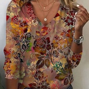 Women's Long Sleeve Tee T-shirt Spring/Fall Floral Jersey V Neck Daily Going Out Casual Top, JustFashionNow T-Shirts, color:Brown|size:XXL,