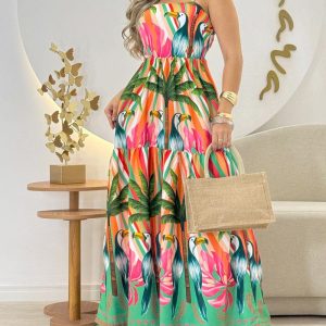 Animal & Plants Print Spaghetti Strap Shirred Maxi Dress Casual A Line Waist Flared Dress, women Print Dresses, ChicMe catalog