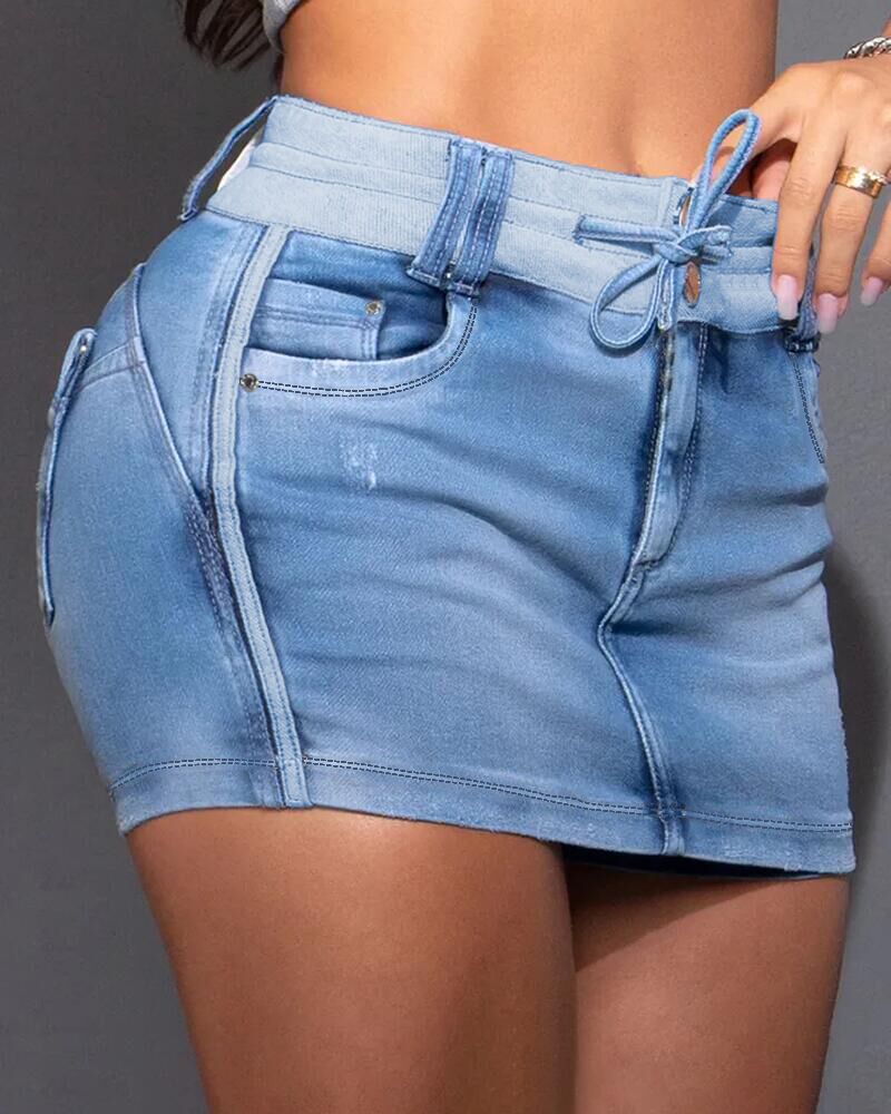 Contrast Paneled Zipper Fly Drawstring Elastic Waist Casual Denim Skort, women Denim Shorts, ChicMe catalog - Image 2