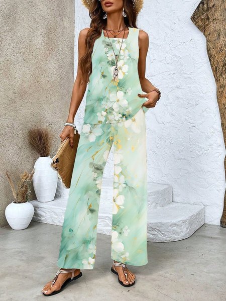 Women's Floral Printing Two-Piece Set Daily Sleeveless Casual Summer Top With Pants Matching Set, JustFashionNow Suit Set, color:Green|size:XXL,