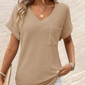 V Neck Short Sleeve Waffle T Shirt Casual Pocket Design Loose Fit Top, women T-shirt & Tees, ChicMe catalog