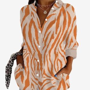 Women's Long Sleeve Shirt Spring/Fall Zebra Shirt Collar Holiday Going Out Casual Top, JustFashionNow Shirts, color:Orange|size:XXL,