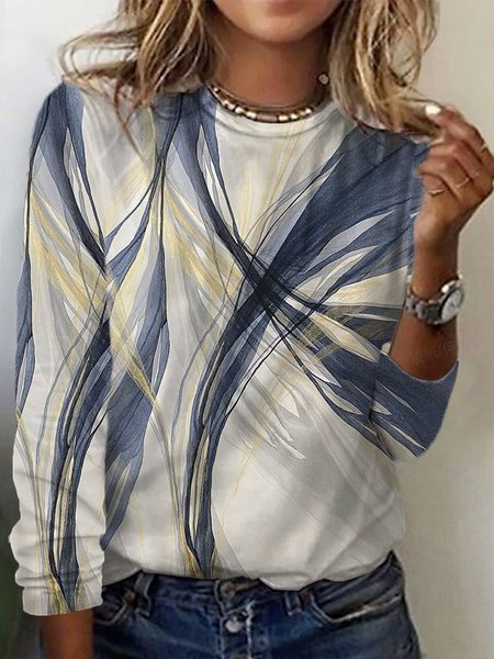 Geometric Print Long Sleeve Crew Neck T-shirt, Long sleeves, Lilicloth.com - Image 2