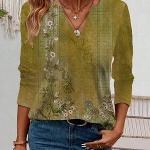 Women's Long Sleeve Blouse Spring/Fall Ethnic Jersey V Neck Daily Going Out Casual Top, JustFashionNow T-Shirts, color:Yellow|size:XXL,