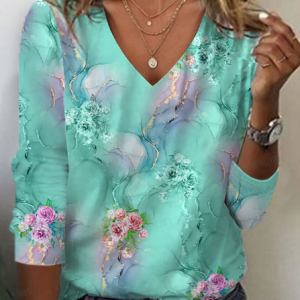 Women's Floral Long Sleeve Tee T-shirt V Neck Printing Casual Spring/Fall Graphic Tee Top, JustFashionNow T-Shirts, color:Green|size:XXL