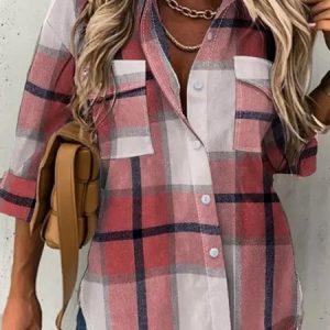 Plus size Casual Plaid Loose Shirt Collar Blouse, JustFashionNow Blouses, color:Pink|size:4X,