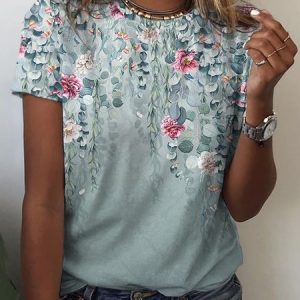 Women's Short Sleeve Tee T-shirt Summer Floral Crew Neck Casual Top, JustFashionNow T-Shirts, color:Aqua|size:XXL,