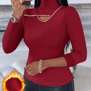 High Neck Long Sleeve Beaded Knit Sweater Hollow-out Fleece Lined Basic Layering Soft Versatile Thermal Top, women Sweaters & Cardigans, ChicMe catalog