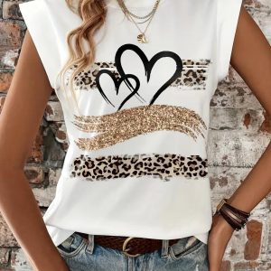 Leopard Print Heart Pattern Cap Sleeve T Shirt Casual Loose Fit Tank Top, women Tanks & Crop Tops, ChicMe catalog