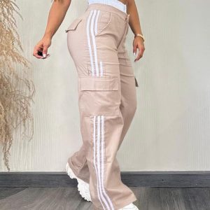 Contrast Side Striped Zipper Fly Stretchy High Waist Pants Flap Pockets Design Double Waistband Cargo Pants, women Pants, ChicMe catalog